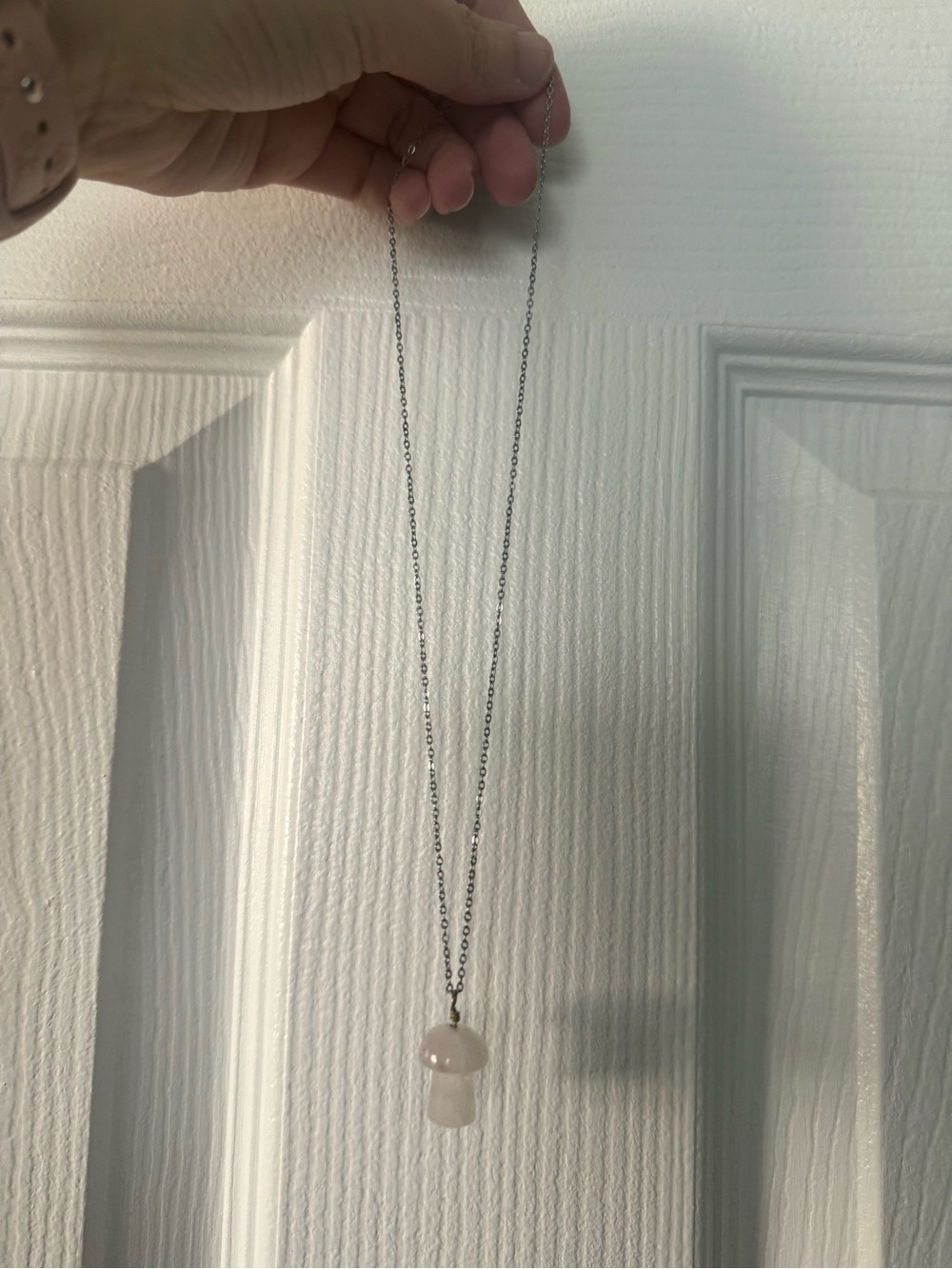 Stainless Steel Rose Quartz Mushroom Pendant Necklace